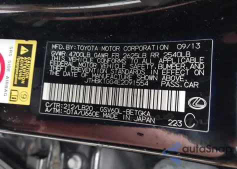 2014 Lexus Es 350 from USA, damaged, VIN JTHBK1GG4E2091554